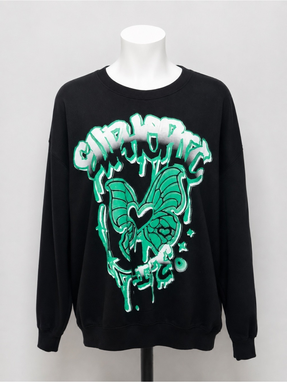 H&M Black Crewneck Sweater with Green Graphic Butterfly